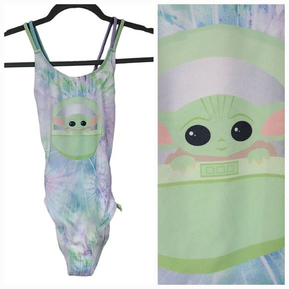 Girls 7/8 Star Wars Mandalorian Grogu Baby Yoda One-Piece Swimsuit Green Tie Dye - Picture 1 of 11